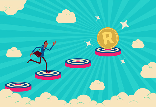 Businessman Characters Vector Art Illustration.
Achieving success, a businessman running climbing up the staircases made up of dartboard (goal, target) step by step in the sky and reaching the South African Rand Currency.