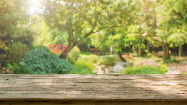 istock Empty wood table top with abstract blur park garden pond background 1324608453