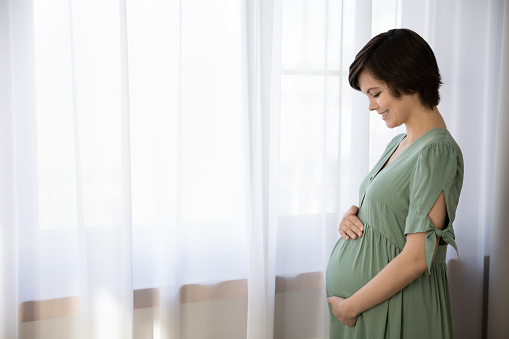 Side view of smiling pregnant woman in green dress embracing caressing belly, standing near window at home, happy young future mom expecting first child, feeling baby bumps, enjoying pregnancy