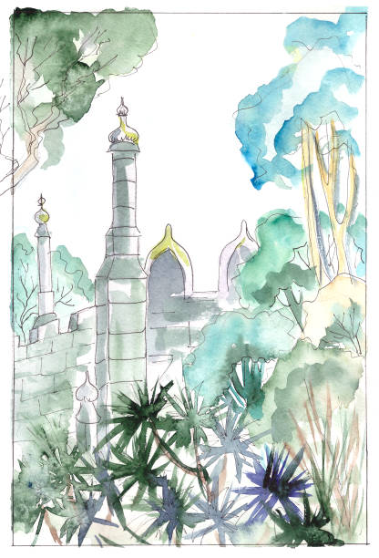 istock Watercolor oriental castle among tropical thickets, travel sketch 1324609329