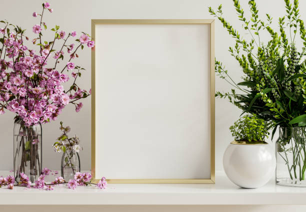 istock Interior poster mockup with vertical wooden frame in home interior background. 1324609776