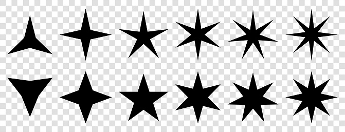 Star icons vector. Stars symbols with different pointed : three, four, five, six, seven, eight. Vector illustration on transparent background