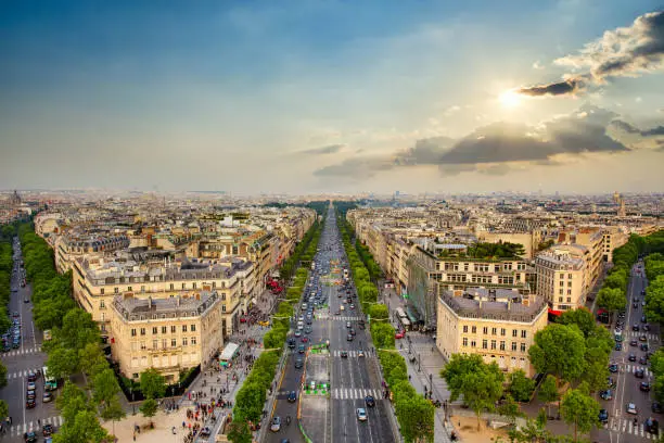 A view down the Champs-Elysees from the top of the arc de triomphe.