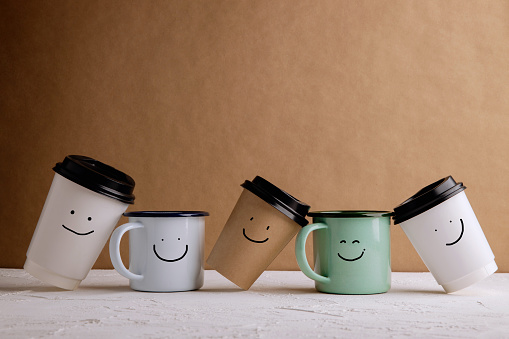 Zero Waste Products. Set of Happy Recycle Coffee Cup. Reduce Plastic Packaging. Environment, Ecology Care, Renewable Concept. Smiling Face Cartoon drawn on it