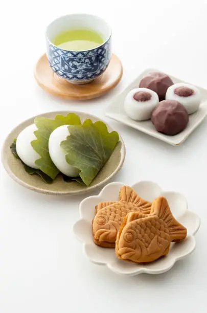 Studio shot of tea and famous Japanese sweets