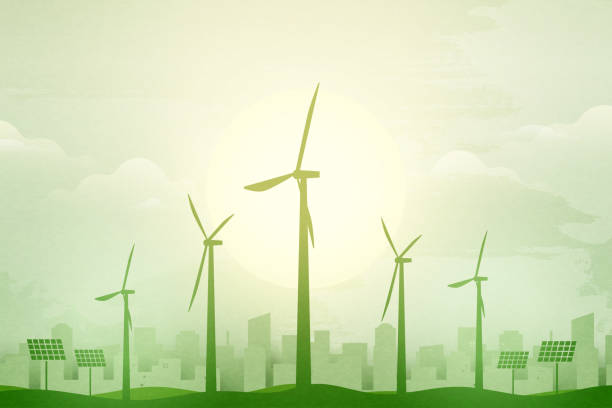 緑のエコシティの背景。エコロジーと環境保全資源の持続可能な概念ベクターの図。 - 風力発電点のイラスト素材／クリップアート素材／マンガ素材／アイコン素材
