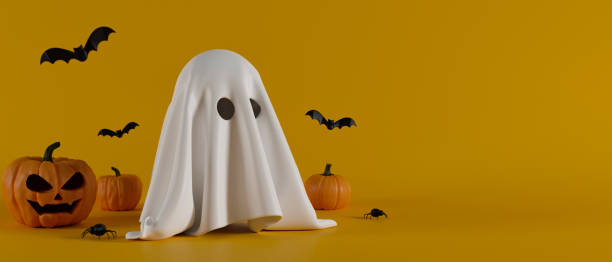 istock Halloween background with cute ghost, grinning pumpkins and bats on yellow background, 3D rendering 1324617377