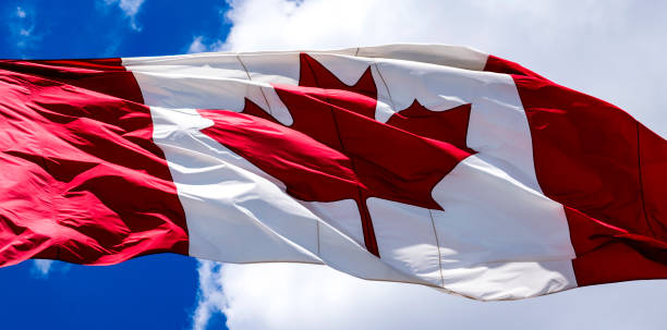 Canada flag waving on a blue sky Canada flag waving on a blue sky canada flag blue sky clouds stock pictures, royalty-free photos & images
