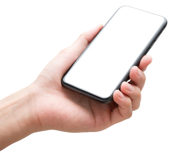 istock Male hand holding phone isolated on white background. 1324619141