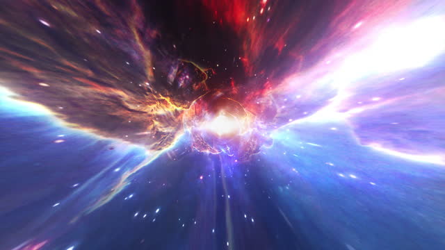Hyperspace light speed space flight through beautiful space time wormhole vortex. 4K 3D Loop colorful Sci-Fi interstellar space travel background concept. Abstract Science teleportation velocity jump.