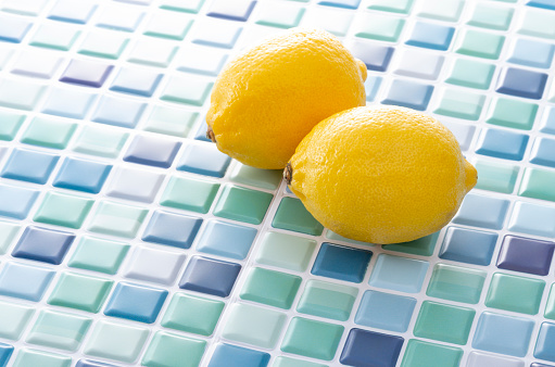 Kitchen image of blue tiles and lemon