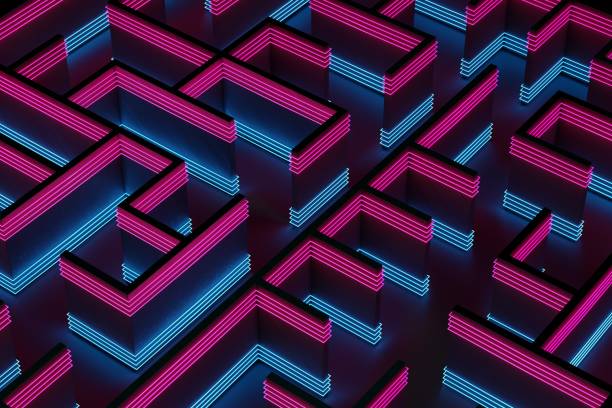 istock Neon colorful maze pattern in cyan and magenta. Elevated view. Abstract, digital 3D rendering. 1324622940
