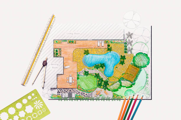 istock Landscape architect student designing backyard garden and pool plan for villa. 1324623050