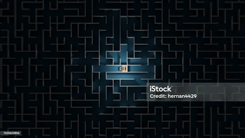 Office worker trapped in a maze. Workaholic, social isolation concept. Digital 3D rendering. Maze Stock Photo