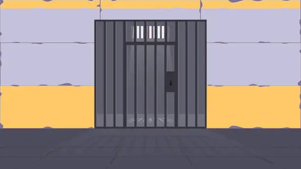 Vector illustration of Prison cell. A prison cell with a metal grate. Prison in cartoon style. Vector.