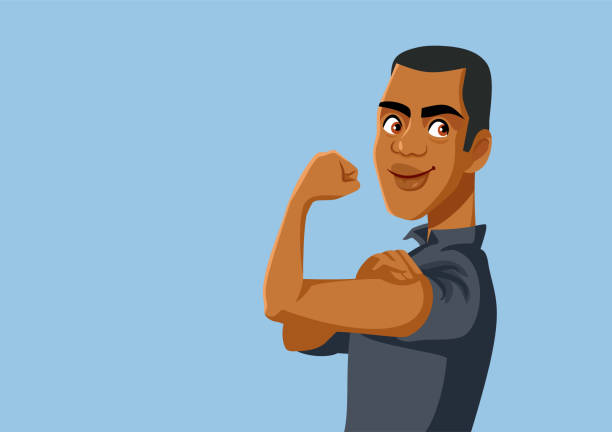 Strong African Man Flexing Arm Powerful handsome young guy showing his self-confidence fighting against social inequality flexing muscles stock illustrations