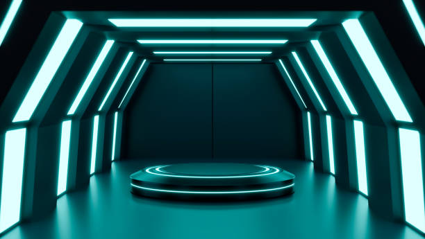 istock Futuristic mock up scene with podium, abstract blue neon futuristic sci-fi interior design 1324627296