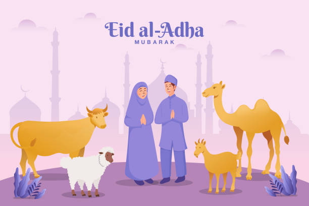 Eid al Adha greeting card. couple with sacrifice animal celebrating Eid al Adha with mosque as background Eid al Adha greeting card. couple with sacrifice animal celebrating Eid al Adha with mosque as background hajj stock illustrations