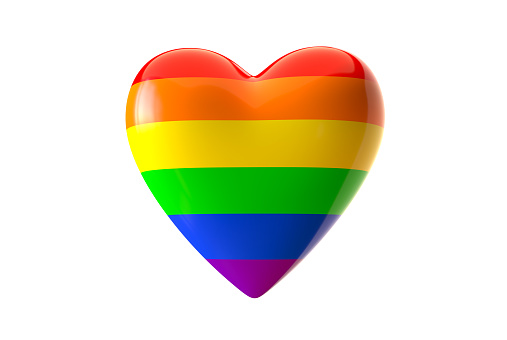 3D render of LGBT rainbow colored heart shape isolated on white