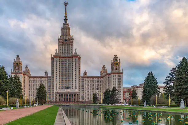 The main building of Lomonosov Moscow State University on Sparrow Hills in Moscow, Russia