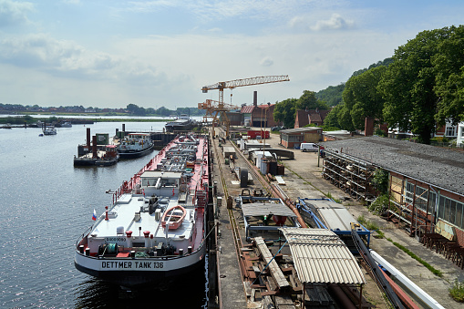 Rotterdam, Netherlands - June 30, 2022: Container terminal in sea port of Rotterdam.