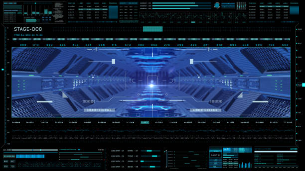 istock Blue Spaceship Interior Tunnel Flying Through with HUD Security Mission Check in Cyberspace Illustration Background 1324632178