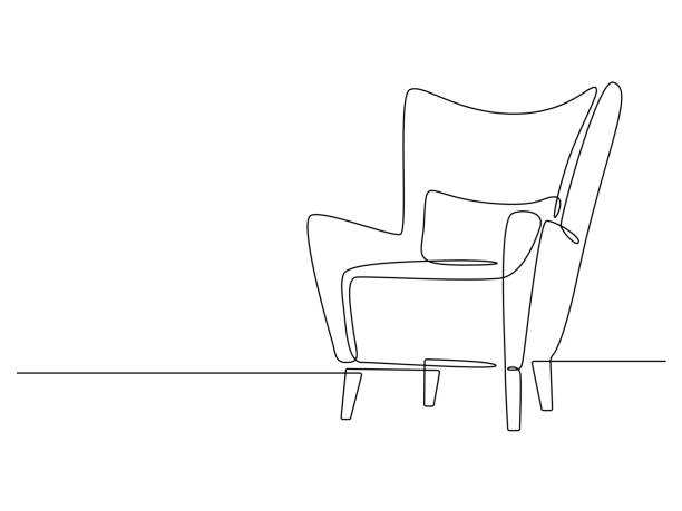 kontinuierliche eine linie zeichnung des sessels. moderner stuhl im linearen stil. innenmöbel handgezeichnete bild silhouette. vektor-illustration - möbel stock-grafiken, -clipart, -cartoons und -symbole