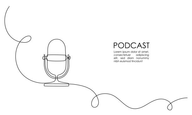 Continuous one line drawing of podcast microphone. Vintage old mike in simple thin linear style for banner music, webinar, online training. Editable stroke. Horizontal Vector illustration Continuous one line drawing of podcast microphone. Vintage old mike in simple thin linear style for banner music, webinar, online training. Editable stroke. Horizontal Vector illustration. radio drawings stock illustrations