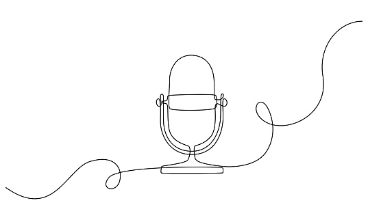 Continuous one line drawing of podcast microphone. Vintage mike in simple linear style for banner of music, webinar, online training speech. Editable stroke. Vector illustration.