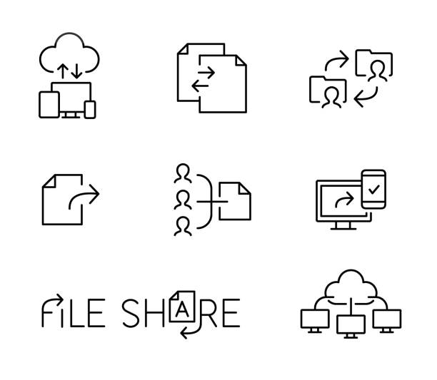 ilustraciones, imágenes clip art, dibujos animados e iconos de stock de iconos de línea de uso compartido de archivos y datos - fileshare