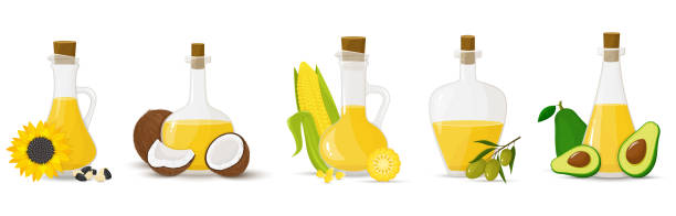 ilustrações de stock, clip art, desenhos animados e ícones de a set of glass bottles with different oils. olive, sunflower, corn, coconut, and avocado oils. flat design, vector - fruit freshness tree foods and drinks