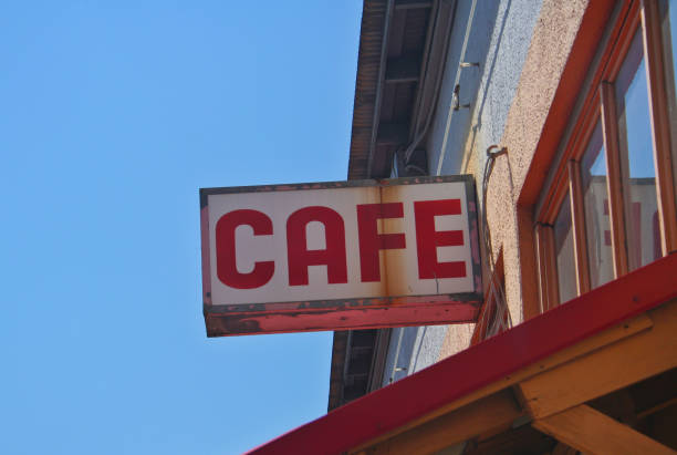 istock Cafe Sign Outdoors On Building Roof With Blue Sky 1324634332