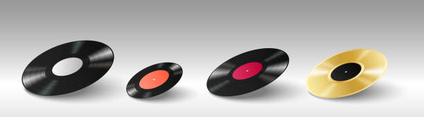 stockillustraties, clipart, cartoons en iconen met set of realistic 3d vinyl discs for retro vintage gramophone music player on white background - lp jazz