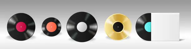 Vector illustration of Set of realistic vinyl mockups or in blank white envelope cover. Music lp retro disc for gramophone