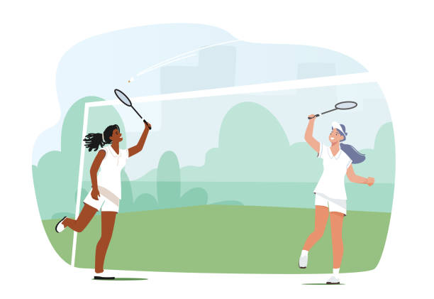 cewek main bulu tangkis, pemain wanita lompat siap-siap tembak, wanita muda kena shuttle dengan raket di lapangan - badminton court ilustrasi stok