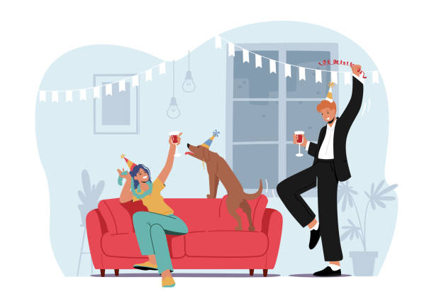 Young Characters Celebrate Home Party Sitting at Couch in Living Room with Funny Dog Drinking Cocktails or Alcohol Young Characters Celebrate Home Party Sitting at Couch in Living Room with Funny Dog Drinking Cocktails or Alcohol. Friends Company Leisure, Spare Time, Celebration. Cartoon People Vector Illustration my dog drank soda stock illustrations