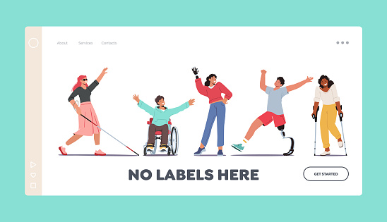 Disabled Characters Landing Page Template. Blind Woman with Cane, Man in Wheelchair, Woman with Hand Prosthesis