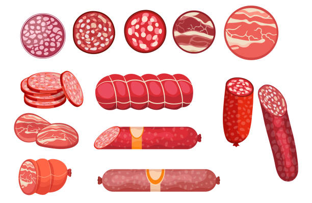 Salami, Pepperoni Smoked Sausage, Beef Meat and Ham Farm or Butcher Store Production. Bacon, Boiled Sausage Delicatessen Salami, Pepperoni Smoked Sausage, Beef Meat and Ham Farm or Butcher Store Production. Bacon or Boiled Sausage Delicatessen Meals. Design Elements for Market Advert. Cartoon Vector Illustration, Set sliced salami stock illustrations