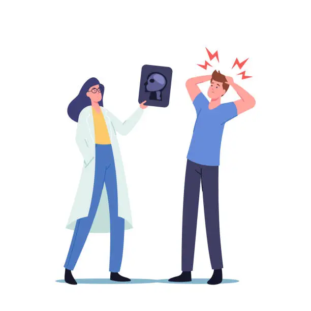 Vector illustration of Migraine Concept. Doctor Show X-rays to Patient Character with Chronic Fatigue and Nervous Tension. Man with Headache