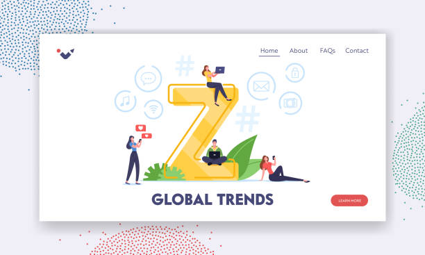 istock Global Trends Landing Page Template. Characters with Gen Z Virtual Communication. Tiny People with Smartphones 1324638963