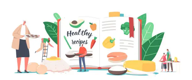 Vector illustration of Characters around Recipe Book Cooking Healthy Food. Men and Women Mixing Ingredients Eggs, Butter and Flour for Cooking