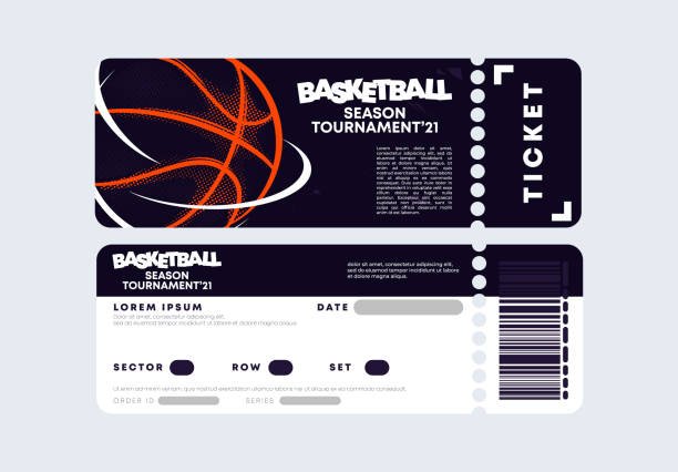 Vector illustration of the entrance ticket template for a basketball game, tournament, stylish dark design with the outline of a basketball ball Vector illustration of the entrance ticket template for a basketball game, tournament, stylish dark design with the outline of a basketball ball office parties stock illustrations