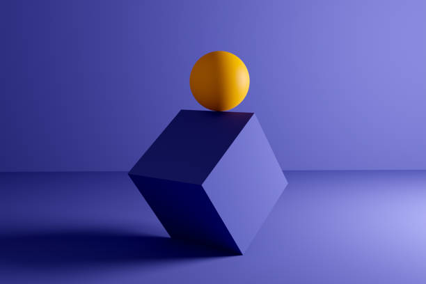 istock Yellow sphere or ball balanced at the edge of a cube geometric shape on blue background. Abstract 3D 1324644563