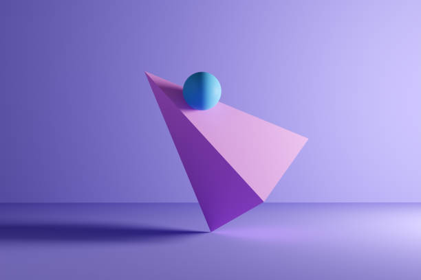 istock Sphere or ball on balance on a rotating pyramid prism geometric shape on purple background. Abstract 3D 1324645986