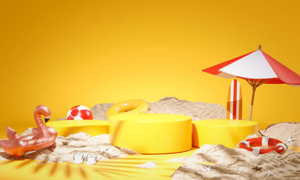 istock Three Yellow Podium Product Display Summer Concept Sand 3D Rendering 1324649958
