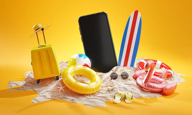 여름 방학 배경 컨셉 비치 액세서리 3d 렌더링 - summer sport equipment inflatable 뉴스 사진 이미지