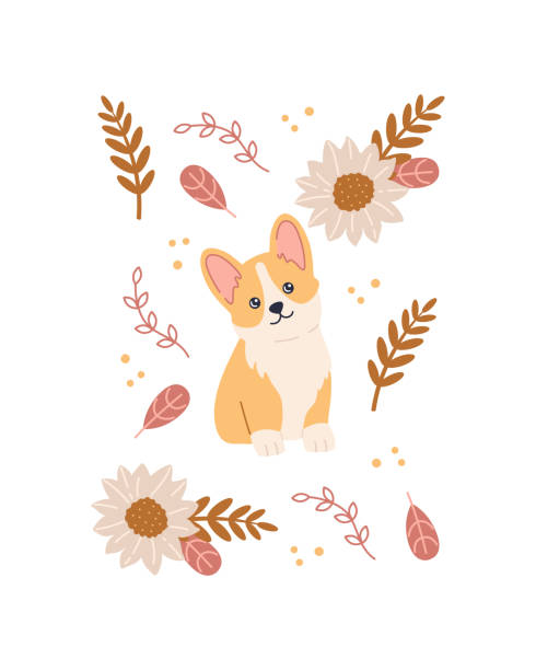 Cute Corgi Sitting Kawaii Dog With Beauty Flowers And Plants Decoration  Stock Illustration - Download Image Now - iStock
