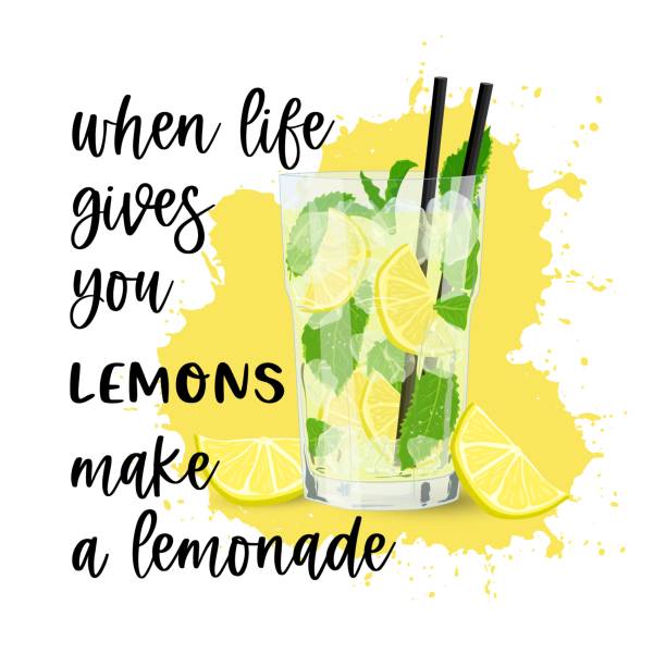 Vector Quote When Life Gives You Lemons Make A Lemonade With Drinking Glass  And Citrus Fruits Glass Of Fresh Lemonade With Lemon Mint Ice Summer Drink  On Abstract Background Stock Illustration -