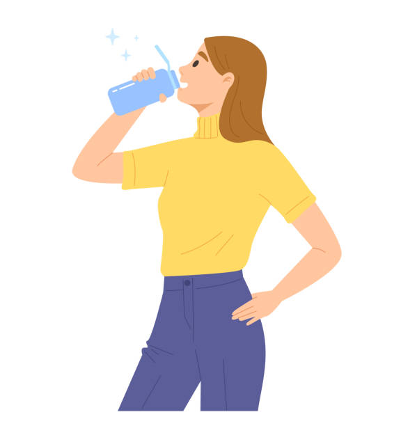 Young Woman Is Drinking Water Form Portable Water Bottle Stock Illustration  - Download Image Now - iStock