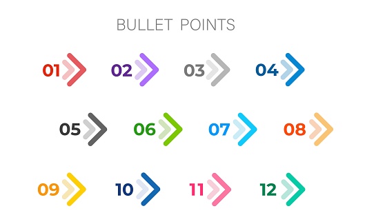Bullet points. Colourful arrows set isolated. Direction number bullet points from one to twelve.